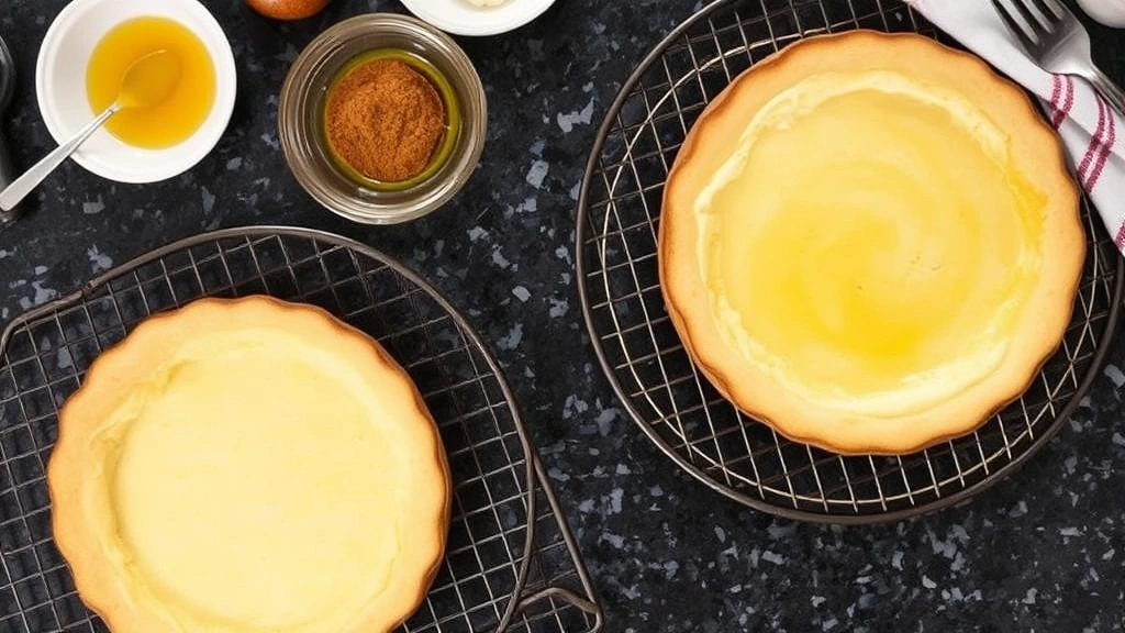 Overhead view of the completed sopapilla cheesecake cooling on a kitchen counter with melted butter and cinnamon-sugar mixture in small bowls nearby, ready for assembly