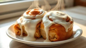 Golden-brown sourdough cinnamon rolls with cream cheese frosting dripping down the sides, arranged on a white ceramic plate with steam rising, shot from above with morning sunlight