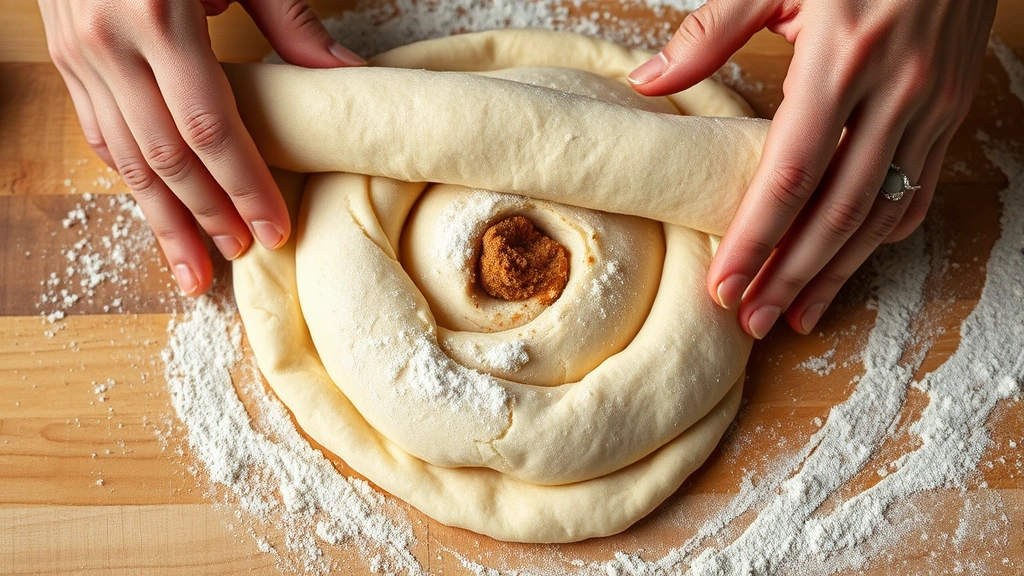 Close-up of hands rolling cinnamon sugar filling into stretched sourdough dough on a floured wooden surface, showing the spiral technique and butter-sugar mixture