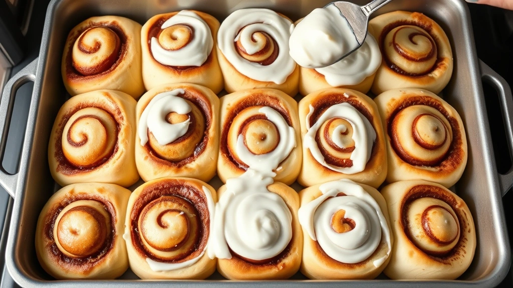 Nine perfectly proofed cinnamon rolls arranged in a 9x13 baking pan with visible swirls and golden color, just removed from oven with frosting being spread over warm rolls