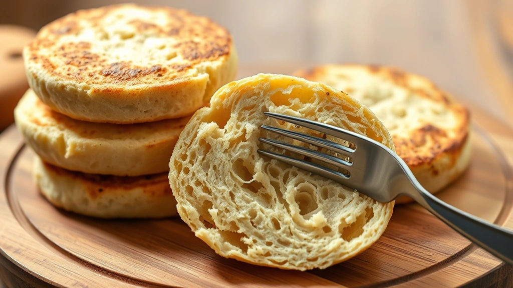 Rustic sourdough English muffins stacked on a wooden board, one split with fork showing open crumb structure and visible air pockets, golden-brown exterior, steam rising, warm natural lighting