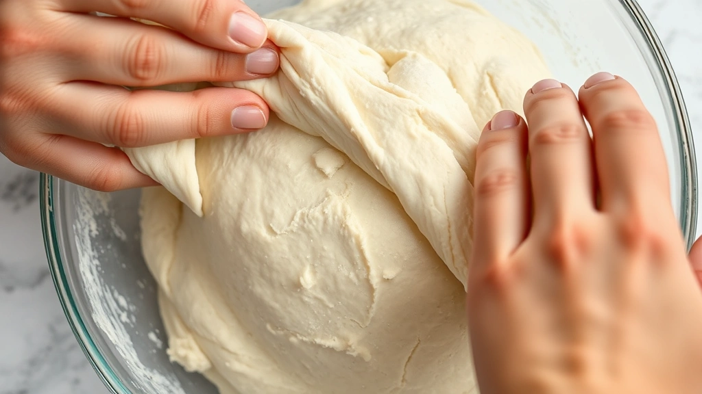 Hands performing stretch-and-fold technique on wet sourdough dough in a clear glass bowl, showing gluten development and bubbles throughout the dough, close-up action shot