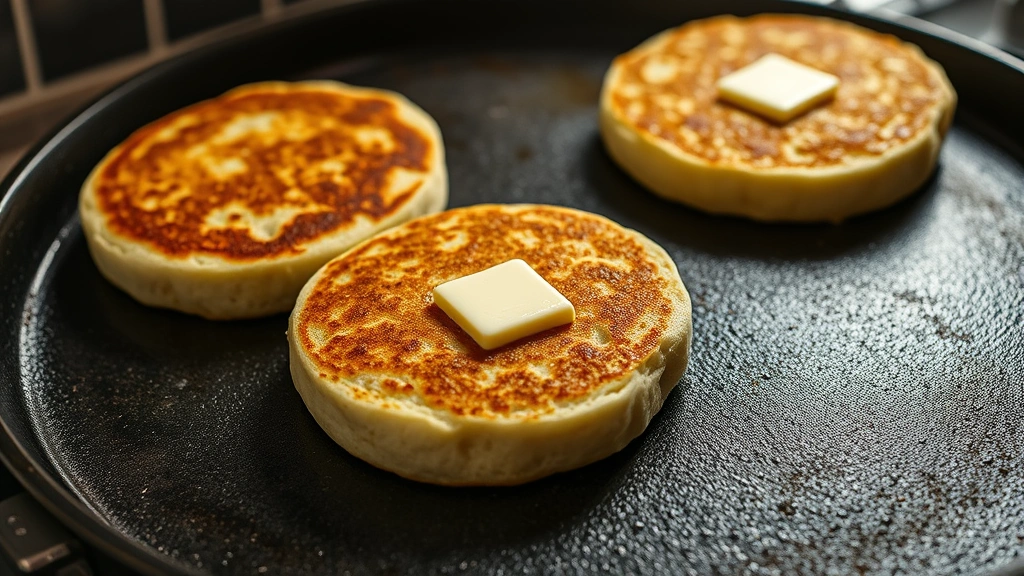 Golden-brown sourdough English muffins cooking on cast iron griddle, showing both cooked and cooking sides, butter melting on surface, professional kitchen lighting, shallow depth of field