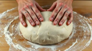 Hands stretching high-hydration sourdough dough with visible gluten strands and bubbles, wet fingertips visible, dough showing elasticity mid-stretch over wooden work surface