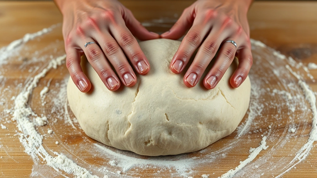 Hands stretching high-hydration sourdough dough with visible gluten strands and bubbles, wet fingertips visible, dough showing elasticity mid-stretch over wooden work surface