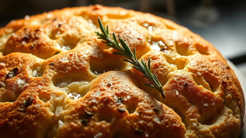 Golden-brown sourdough focaccia fresh from oven with deep dimples filled with olive oil and glistening sea salt, fresh rosemary sprigs scattered across surface, warm steam visible