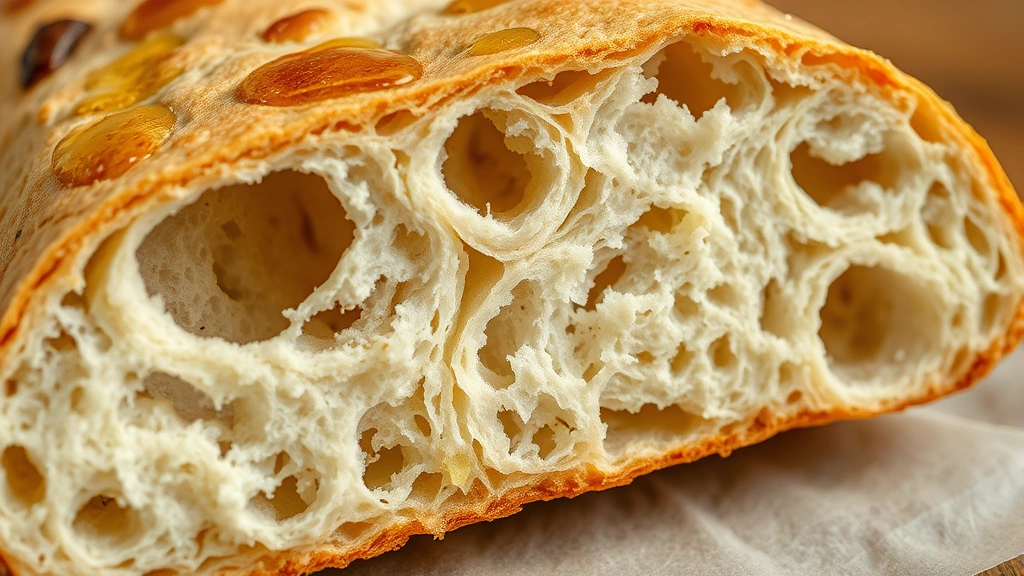 Close-up cross-section of sliced sourdough focaccia showing open crumb structure with irregular holes, fluffy light interior, crispy golden-brown crust with oil-soaked surface