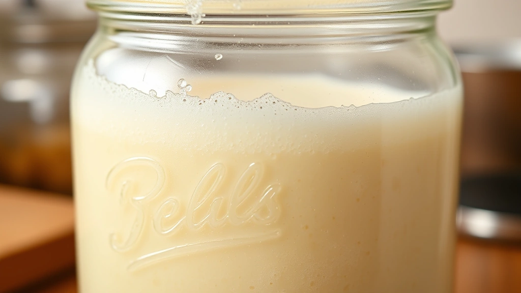 Close-up of bubbling active sourdough starter in a glass jar, showing foam and fermentation activity on surface, warm kitchen lighting, shallow depth of field