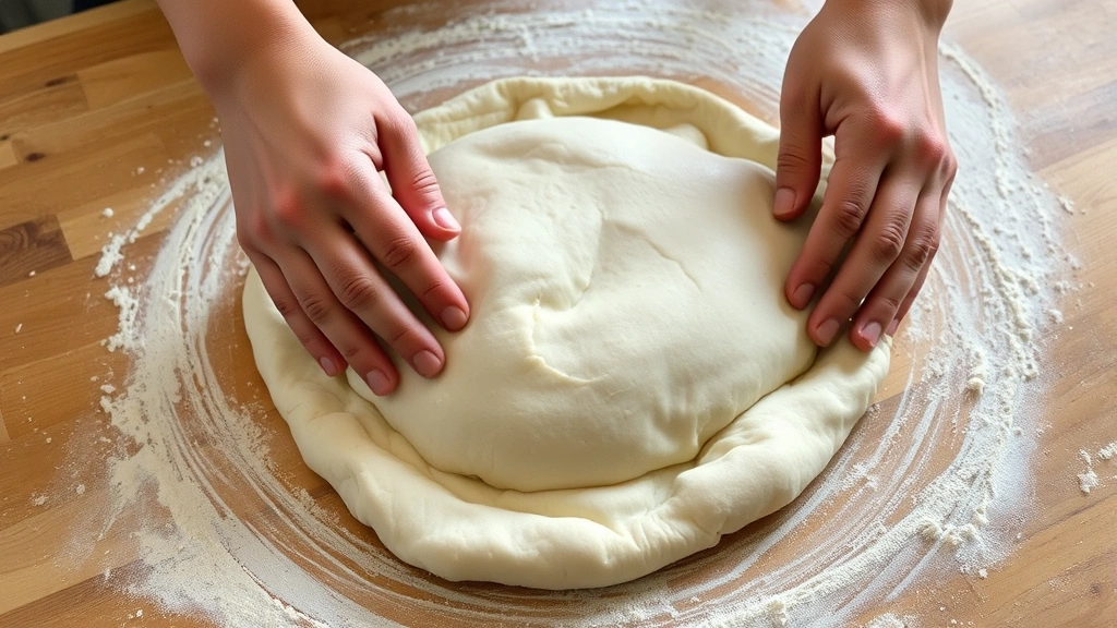 Hands stretching and shaping fresh sourdough pizza dough on a floured work surface, showing the elastic gluten network and smooth texture of well-fermented dough