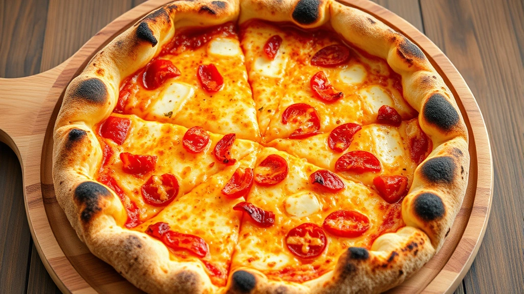 Golden-brown baked sourdough pizza with charred crust edges and puffy rim, fresh toppings visible, steam rising, photographed from above on wooden serving board