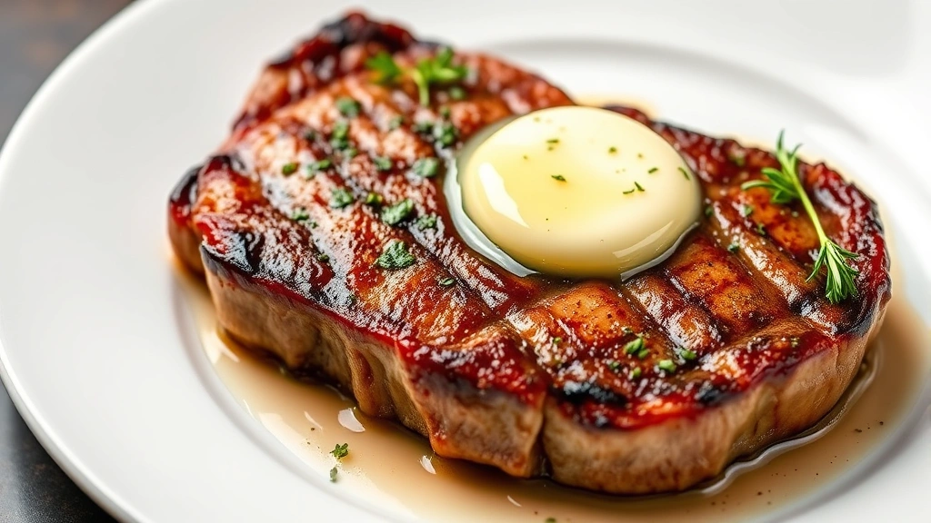 Perfectly seared ribeye steak with golden-brown crust, medium-rare pink center, fresh herbs and melting butter, professional plating on white plate