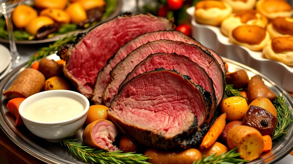 Carved standing rib roast slices arranged overlapping on serving platter with roasted root vegetables, creamed horseradish sauce in small white bowl nearby, Yorkshire puddings golden in background, festive table setting