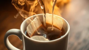 Close-up of steaming hot water being poured over two tea bags in a white ceramic mug, steam rising visibly, warm lighting from above