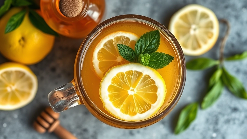 Overhead shot of finished Medicine Ball drink in clear glass mug showing golden-amber liquid, fresh lemon slice and mint leaves floating on top, beside fresh lemons and honey jar