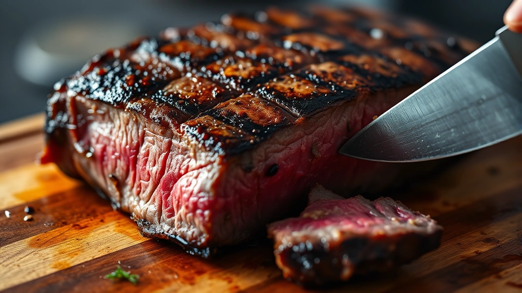 Close-up of perfectly seared medium-rare steak with golden-brown crust being sliced against the grain with a sharp knife on a wooden cutting board, warm steam rising