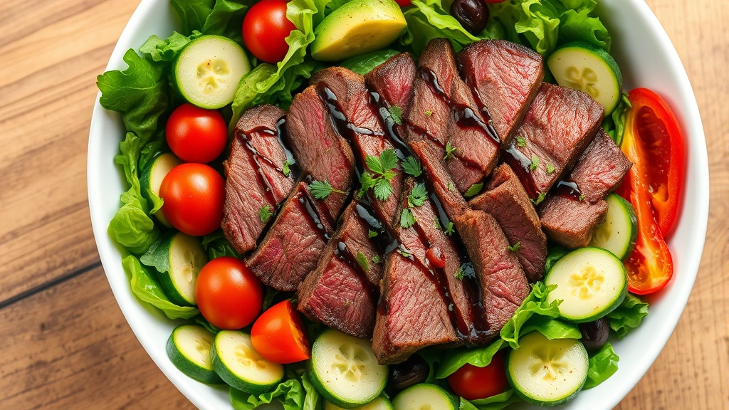 Vibrant overhead shot of completed steak salad in a large white bowl with sliced ribeye, mixed greens, cherry tomatoes, cucumber, red bell peppers, avocado slices, and fresh herbs, balsamic vinaigrette drizzled on top