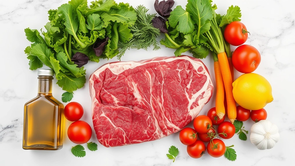 Artistic flatlay composition of fresh salad ingredients arranged on marble surface: whole steak, leafy greens, colorful vegetables, olive oil bottle, balsamic vinegar, fresh garlic, and lemon, natural soft lighting