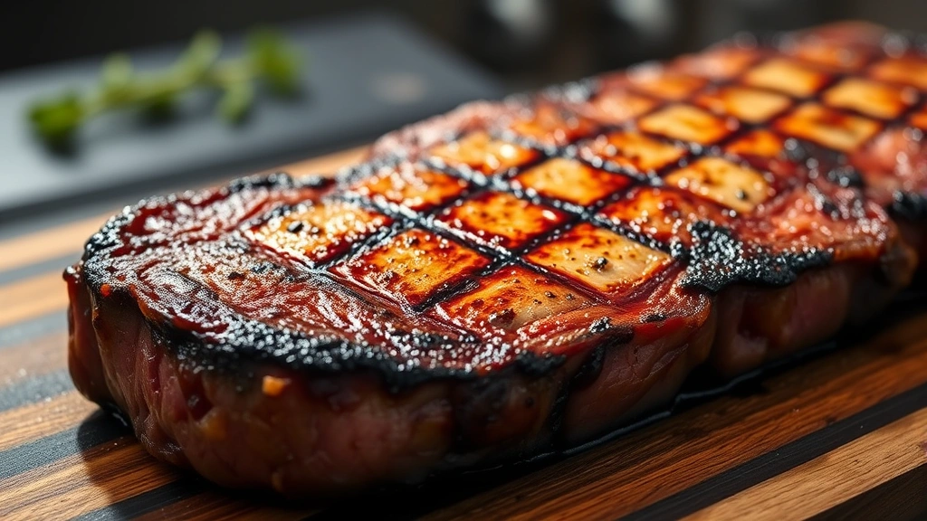 Close-up of perfectly seared ribeye steak with golden-brown crust showing beautiful caramelization and char marks, resting on a dark wooden cutting board, steam rising slightly, professional kitchen lighting
