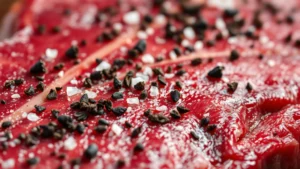 Close-up of raw ribeye steak seasoned with coarse black pepper and kosher salt crystals glistening on dark red meat, professional steakhouse lighting, shallow depth of field focusing on seasoning texture