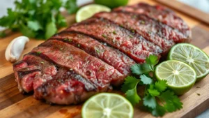 Close-up of marbled skirt steak on wooden cutting board with fresh lime, cilantro, and garlic cloves arranged around it, natural daylight