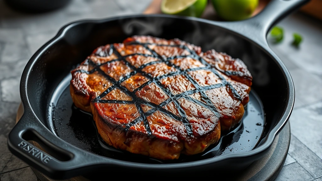 Cast iron skillet with perfectly seared steak showing deep brown crust, steam rising, fresh herbs and lime visible in soft background