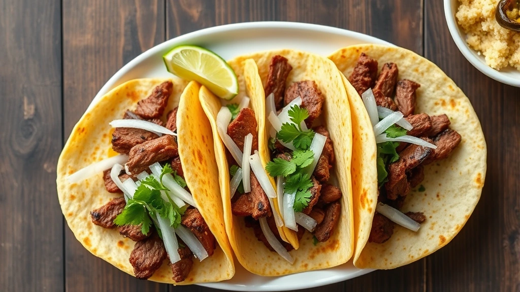 Overhead shot of three assembled steak tacos on white plate with warm corn tortillas, sliced beef, white onion, cilantro, lime wedges, and charred jalapeños