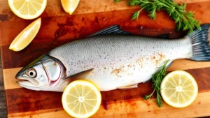 Fresh whole steelhead trout on a wooden cutting board with lemon wedges and fresh dill, ready for grilling preparation