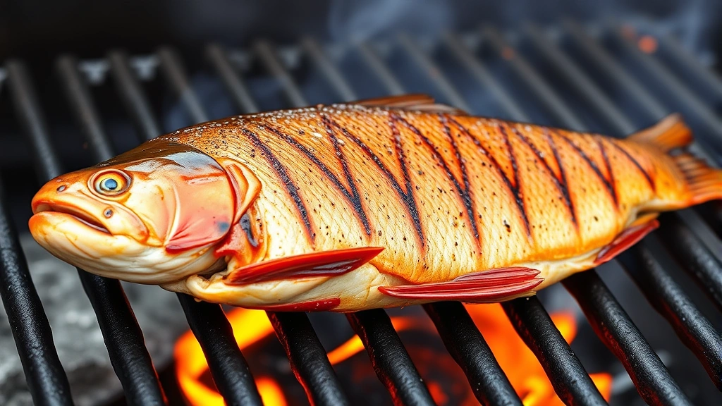 Golden-brown grilled steelhead trout fillet with crispy skin on a hot grill grate, showing perfect sear marks and medium-rare interior