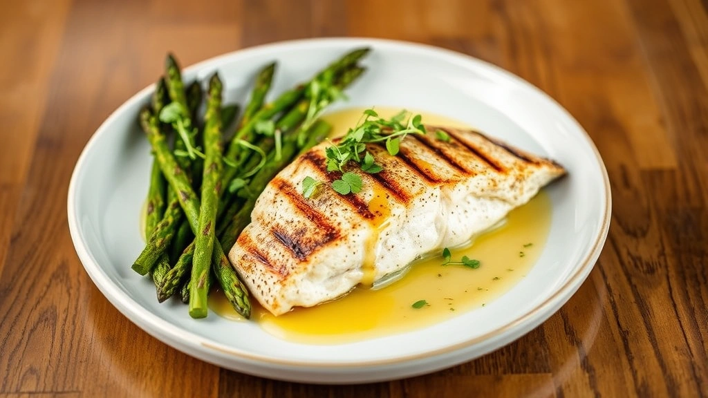 Beautifully plated grilled steelhead trout on white ceramic plate with grilled asparagus, microgreens, and lemon butter sauce drizzle