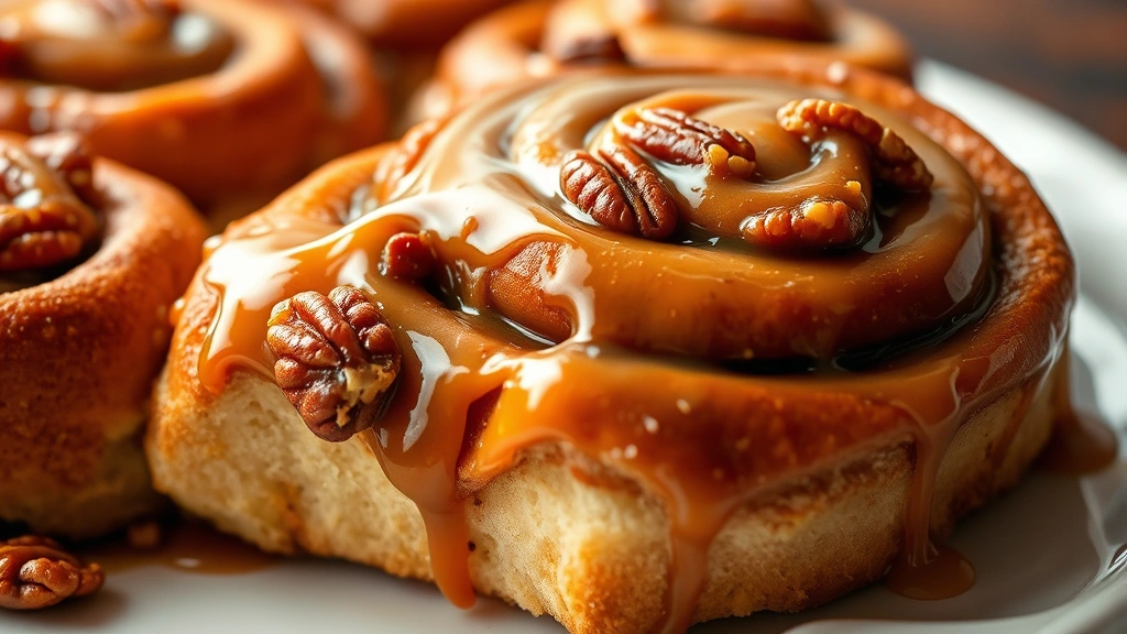 Close-up of golden-brown sticky buns with gooey caramel and pecans, fresh from the oven, steam rising, placed on white plate