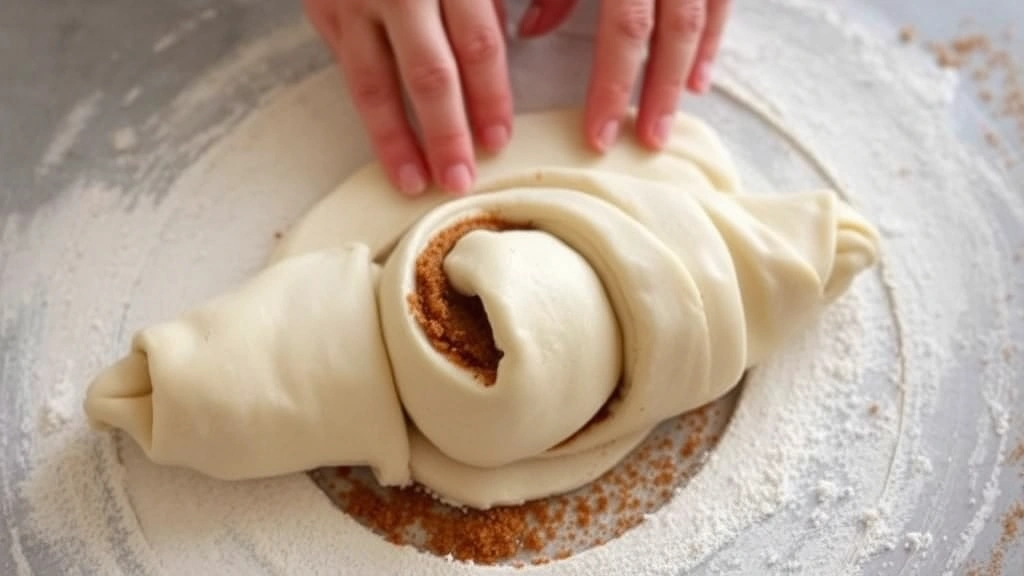 Hands rolling cinnamon sugar-filled dough into a tight log on floured surface, showing proper rolling technique and spiral formation