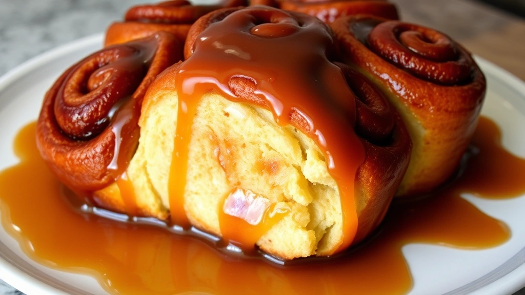Finished sticky buns inverted onto serving platter with glossy caramel dripping down, warm and glistening, ready to serve