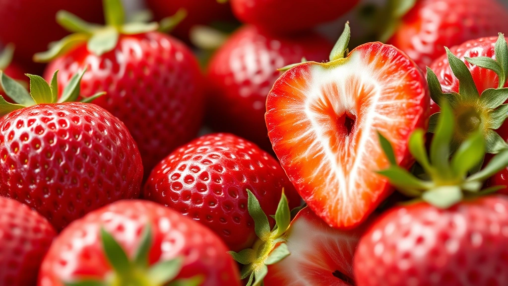 Close-up of ripe, glossy red strawberries with green tops in bright natural light, showing perfect texture and color variation, some whole berries and some halved to display interior