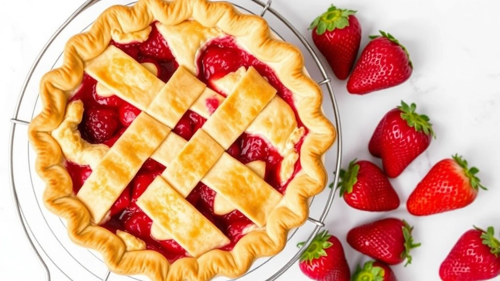 Golden-brown baked strawberry pie with crimped crust edges and berry filling visible at vents, cooling on a wire rack with fresh strawberries scattered nearby
