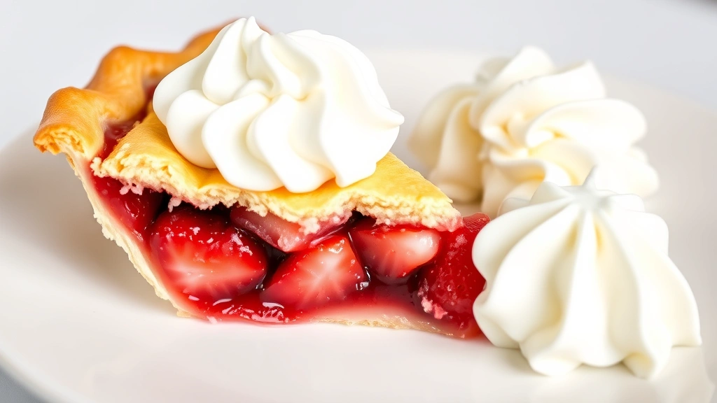 Slice of strawberry pie on a white plate with whipped cream dollop and vanilla ice cream, showing distinct layers of flaky crust, jammy filling, and fresh whole berries