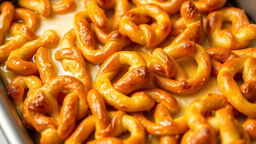 Close-up of golden baked pretzel crust in rectangular baking dish with melted butter glistening on twisted pretzel pieces, showing crispy texture and even distribution