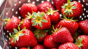 Fresh ripe strawberries in a colander, water droplets glistening, vibrant red color, natural daylight, close-up perspective showing texture and freshness, no text or labels visible