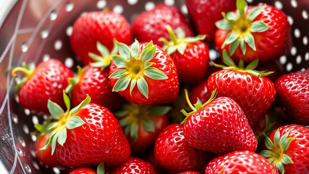 Fresh ripe strawberries in a colander, water droplets glistening, vibrant red color, natural daylight, close-up perspective showing texture and freshness, no text or labels visible
