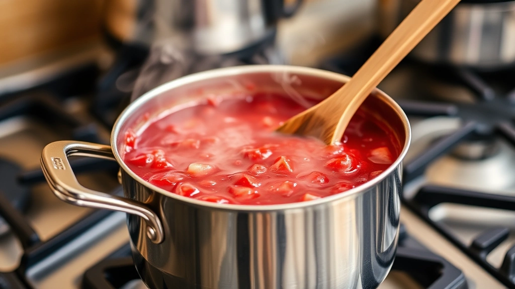 Strawberry sauce simmering in a stainless steel saucepan over medium heat, deep red color, steam rising, wooden spoon stirring, kitchen stovetop background, warm lighting, professional food photography style