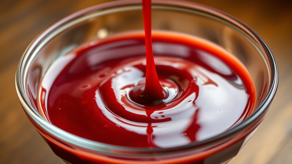 Finished strawberry sauce in a clear glass bowl, glossy deep burgundy color, silky smooth texture with slight shine, drizzled artfully, soft warm lighting, shallow depth of field, elegant presentation