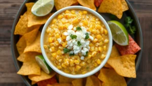 Overhead view of street corn dip in a white ceramic bowl, golden corn kernels visible throughout, crumbly white cotija cheese sprinkled on top, fresh cilantro garnish, surrounded by colorful tortilla chips and fresh lime wedges on a wooden table