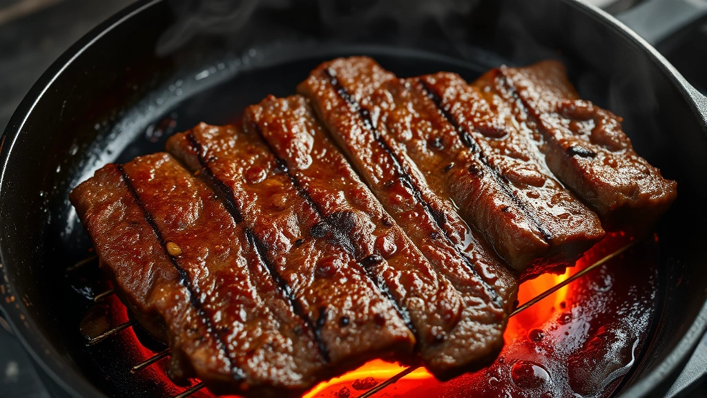 Sizzling marinated beef carne asada on a hot cast iron skillet with charred edges and caramelized crust, steam rising, shot from above showing texture detail
