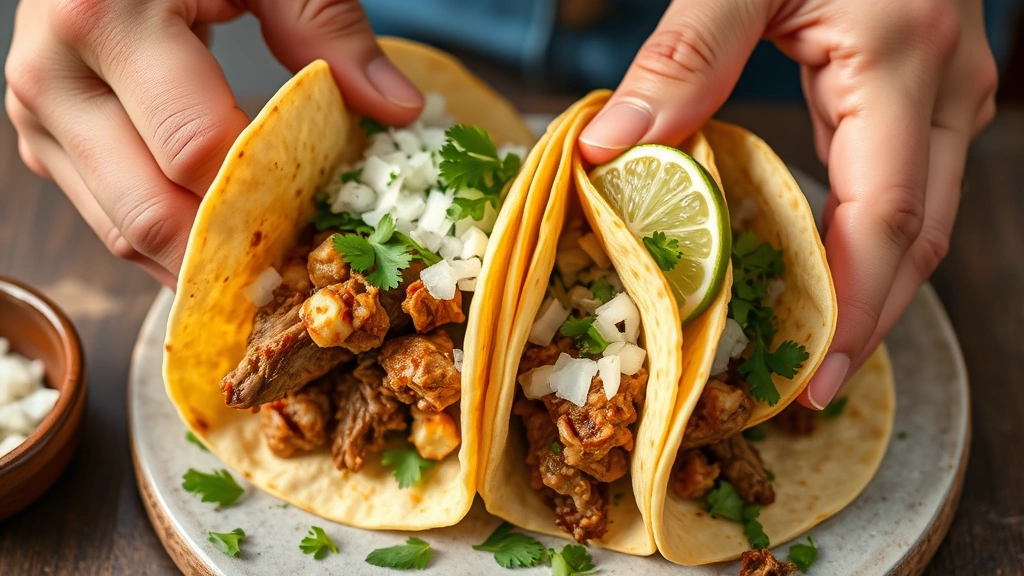 Hands assembling fresh street tacos with warm corn tortillas, tender meat, diced white onion, fresh cilantro, and lime wedge, close-up action shot showing layering technique
