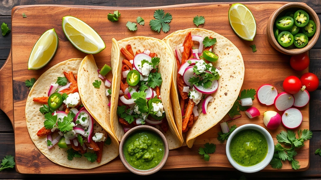 Overhead flat lay of finished street tacos on rustic wooden board with lime wedges, fresh cilantro, diced onion bowls, and salsa verde, garnished with jalapeños and radishes