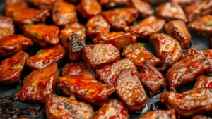Close-up of sizzling marinated beef strips on a hot cast iron griddle with charred edges and caramelized crust, steam rising, vibrant colors, authentic Mexican street food style
