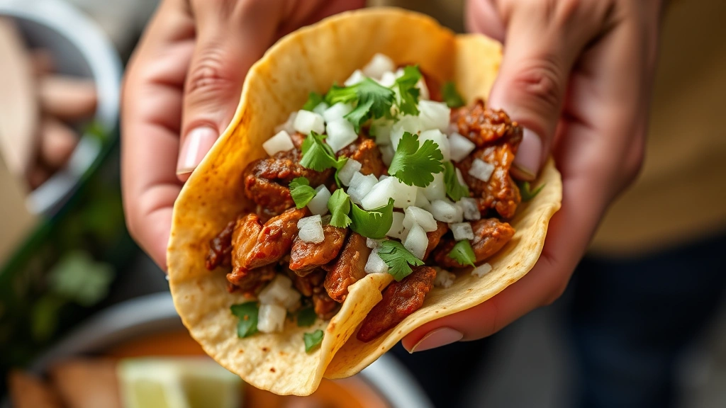 Hands holding a warm corn tortilla filled with seasoned meat, topped with fresh diced white onion and green cilantro, lime wedge visible nearby, street vendor style