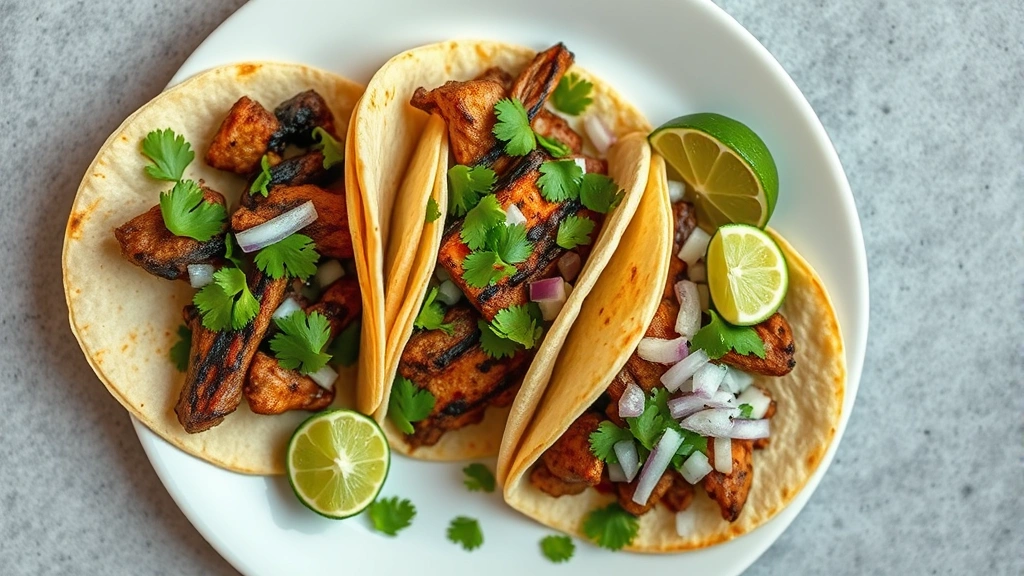 Overhead flat lay of assembled street tacos on a white plate showing perfectly charred meat, fresh cilantro, diced onion, and lime wedges, rustic Mexican street food presentation