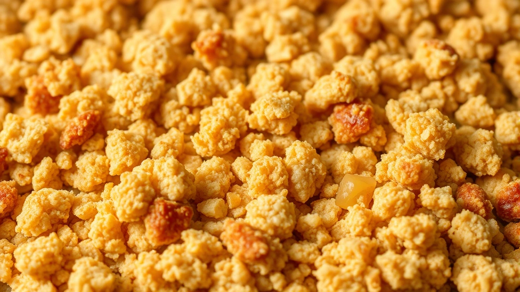 Close-up of golden-brown streusel topping with irregular crumbles and clusters, showing texture and color variation, fresh from oven with steam still visible