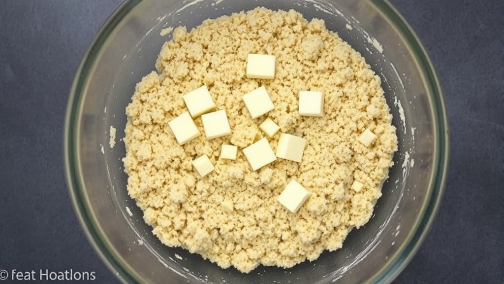 Overhead shot of streusel mixture in glass bowl showing coarse breadcrumb texture with visible cold butter pieces distributed throughout, before baking