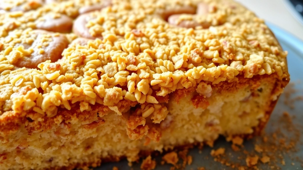 Freshly baked coffee cake with generous layer of golden streusel topping, slightly cracked surface revealing tender interior, dusted with cinnamon color, warm and inviting presentation